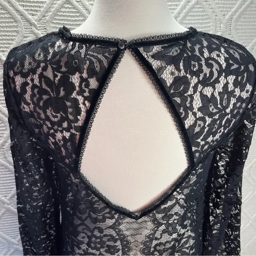 FREE‎ PEOPLE | Black Lace Embroidered Tunic Cut Out Back Sheer Top
